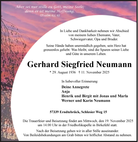 Traueranzeige von Gerhard Siegfried Neumann von Siegener Zeitung
