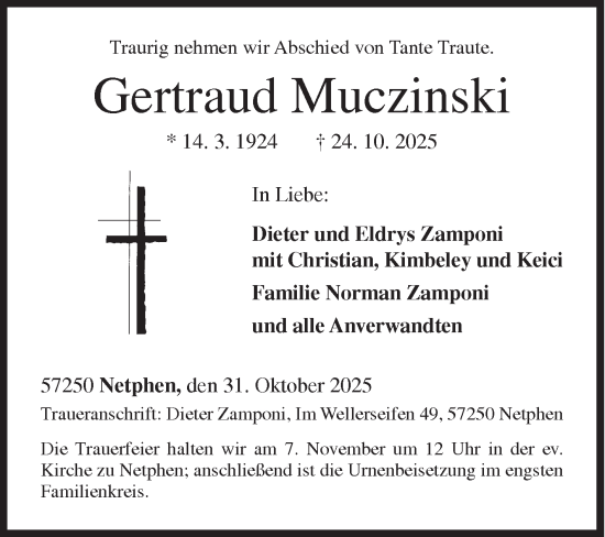 Traueranzeige von Gertraud Muczinski von Siegener Zeitung