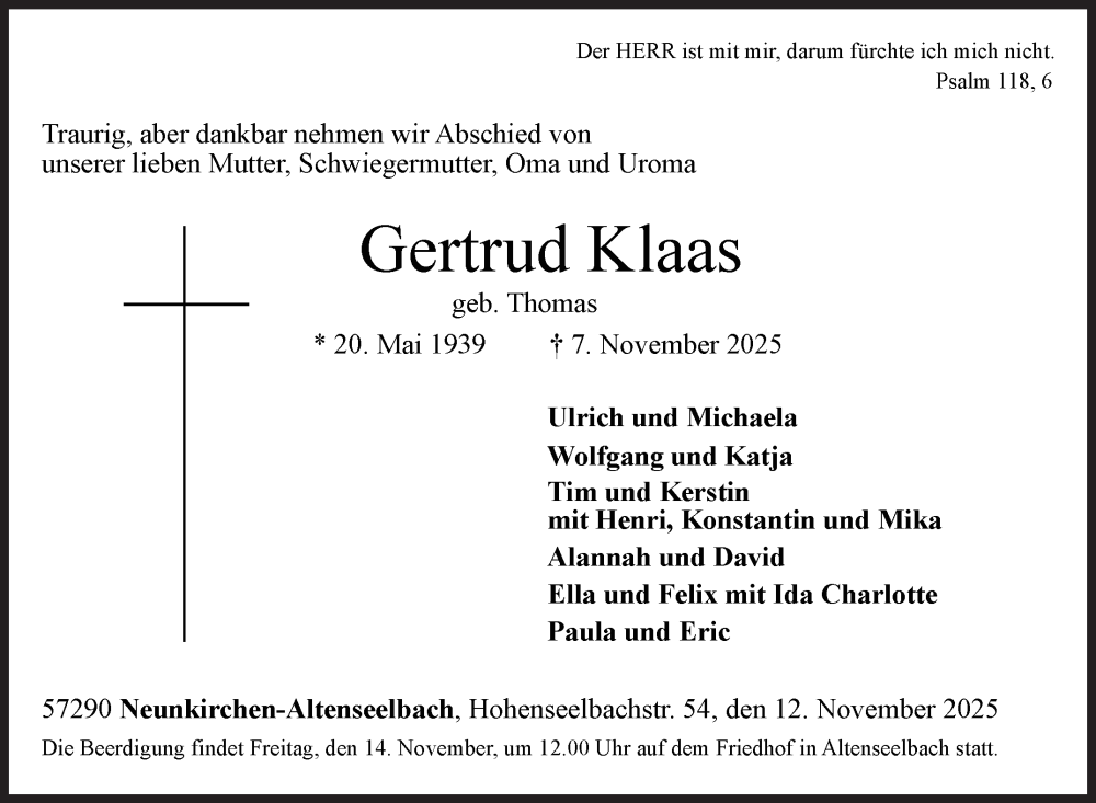  Traueranzeige für Gertrud Klaas vom 12.11.2025 aus Siegener Zeitung