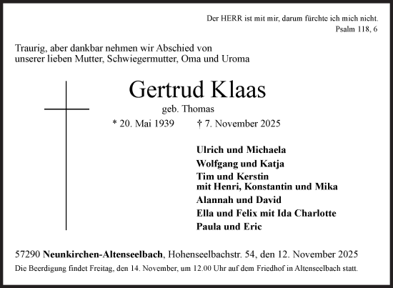 Traueranzeige von Gertrud Klaas von Siegener Zeitung