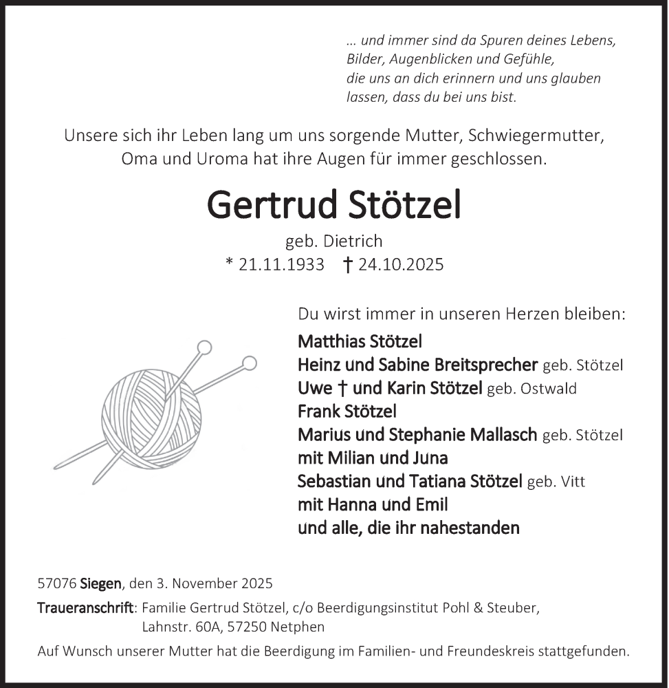  Traueranzeige für Gertrud Stötzel vom 03.11.2025 aus Siegener Zeitung