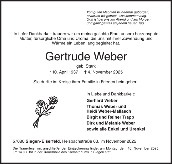 Traueranzeige von Gertrude Weber von Siegener Zeitung