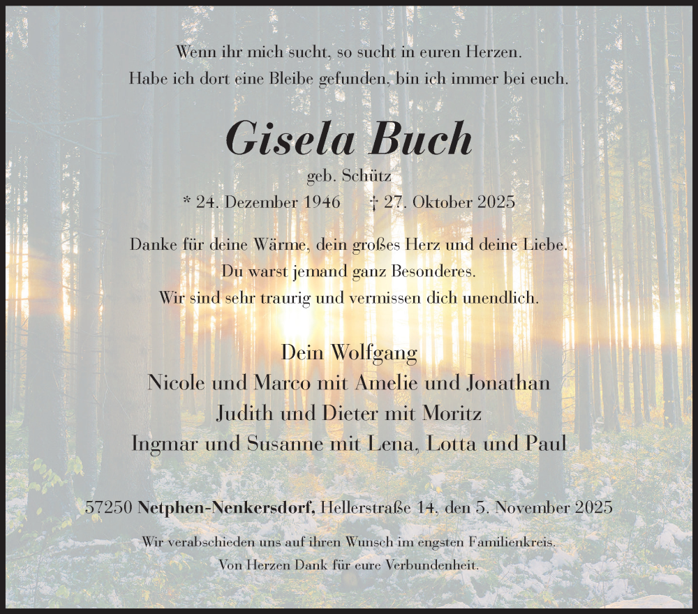  Traueranzeige für Gisela Buch vom 05.11.2025 aus Siegener Zeitung