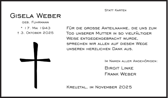 Traueranzeige von Gisela Weber von Siegener Zeitung