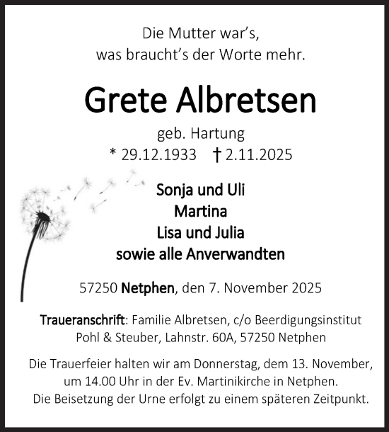 Traueranzeige von Grete Albretsen von Siegener Zeitung
