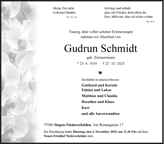 Traueranzeige von Gudrun Schmidt von Siegener Zeitung