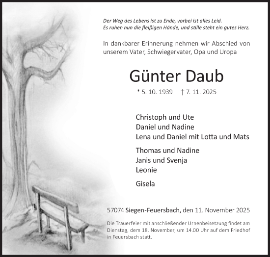 Traueranzeige von Günter Daub von Siegener Zeitung