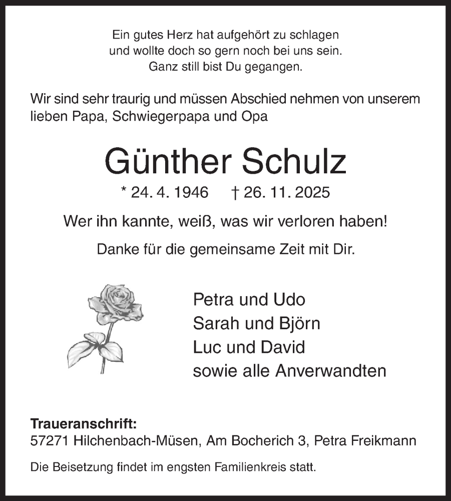  Traueranzeige für Günther Schulz vom 29.11.2025 aus Siegener Zeitung