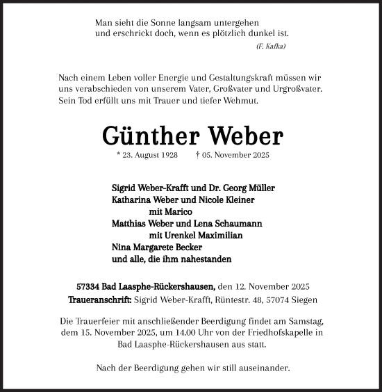Traueranzeige von Günther Weber von Siegener Zeitung
