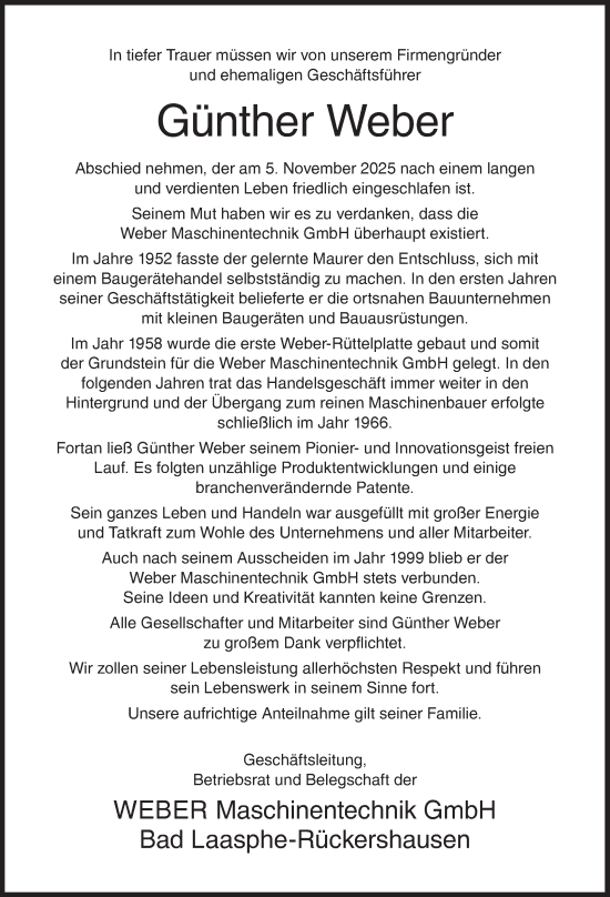 Traueranzeige von Günther Weber von Siegener Zeitung