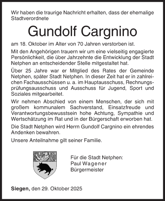 Traueranzeige von Gundolf Cargnino von Siegener Zeitung