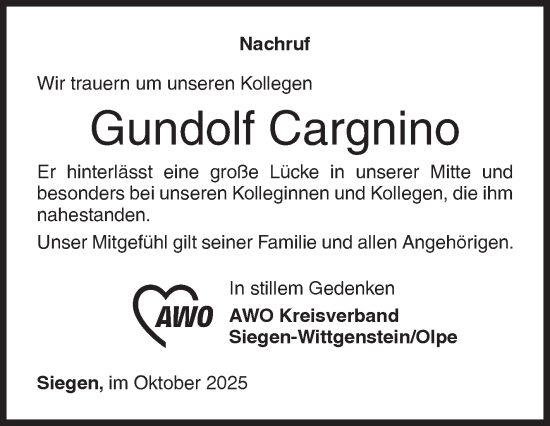 Traueranzeige von Gundolf Cargnino von Siegener Zeitung