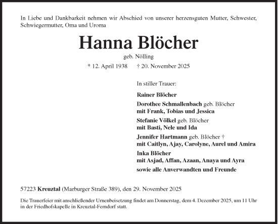 Traueranzeige von Hanna Blöcher von Siegener Zeitung
