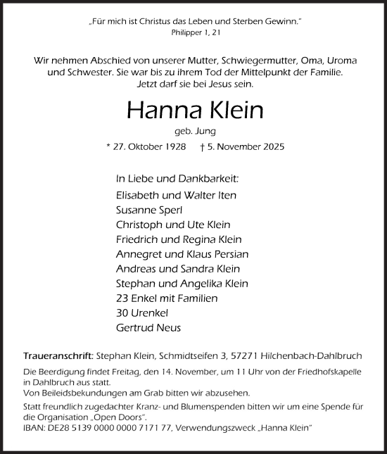 Traueranzeige von Hanna Klein von Siegener Zeitung