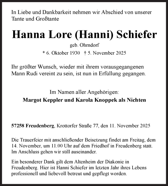 Traueranzeige von Hanna Lore Schiefer von Siegener Zeitung