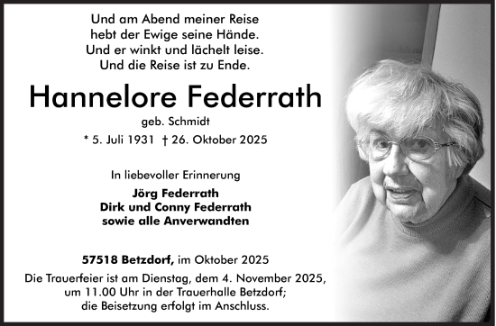 Traueranzeige von Hannelore Federrath von Siegener Zeitung