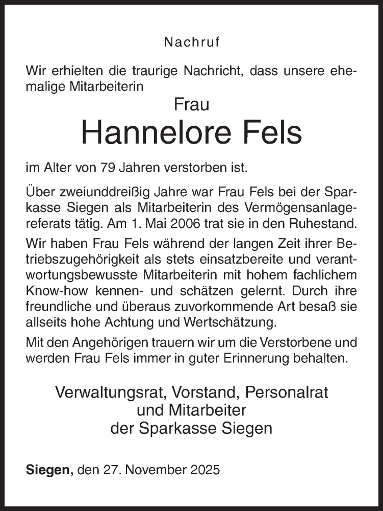  Traueranzeige für Hannelore Fels vom 27.11.2025 aus Siegener Zeitung