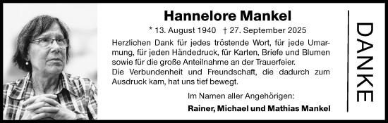 Traueranzeige von Hannelore Mankel von Siegener Zeitung