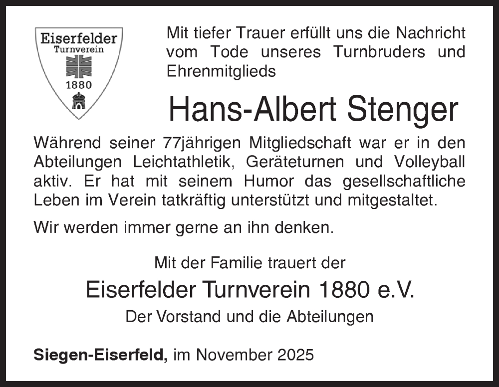  Traueranzeige für Hans-Albert Stenger vom 22.11.2025 aus Siegener Zeitung