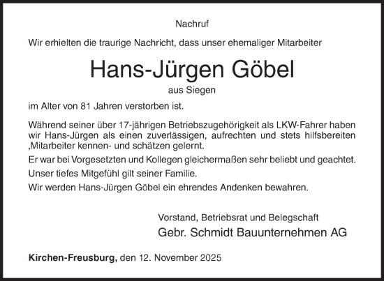 Traueranzeige von Hans-Jürgen Göbel von Siegener Zeitung