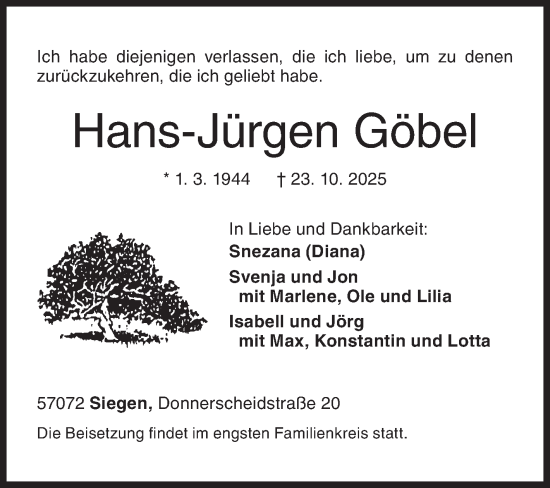 Traueranzeige von Hans-Jürgen Göbel von Siegener Zeitung