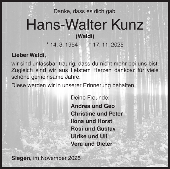 Traueranzeige von Hans-Walter Kunz von Siegener Zeitung