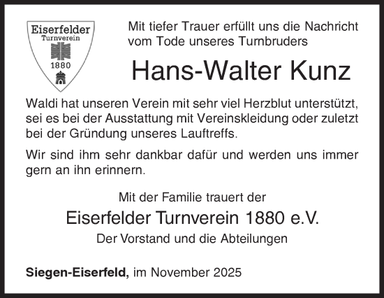 Traueranzeige von Hans-Walter Kunz von Siegener Zeitung
