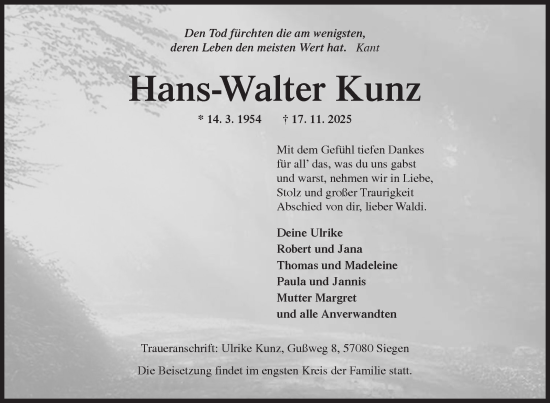 Traueranzeige von Hans-Walter Kunz von Siegener Zeitung