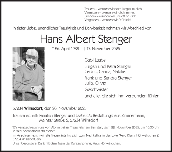Traueranzeige von Hans Albert Stenger von Siegener Zeitung