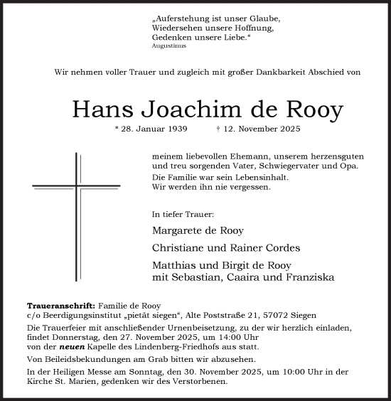 Traueranzeige von Hans Joachim de Rooy von Siegener Zeitung