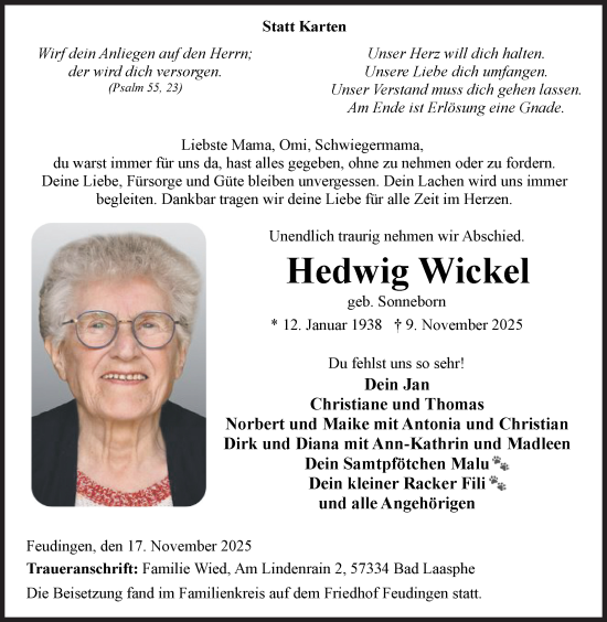 Traueranzeige von Hedwig Wickel von Siegener Zeitung