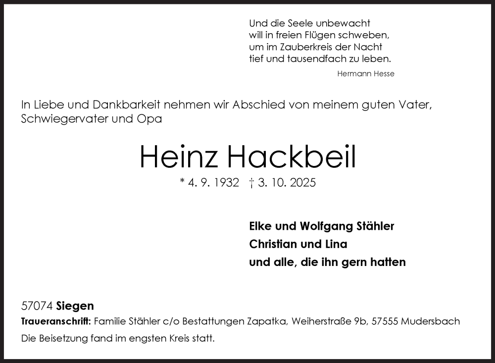  Traueranzeige für Heinz Hackbeil vom 22.11.2025 aus Siegener Zeitung