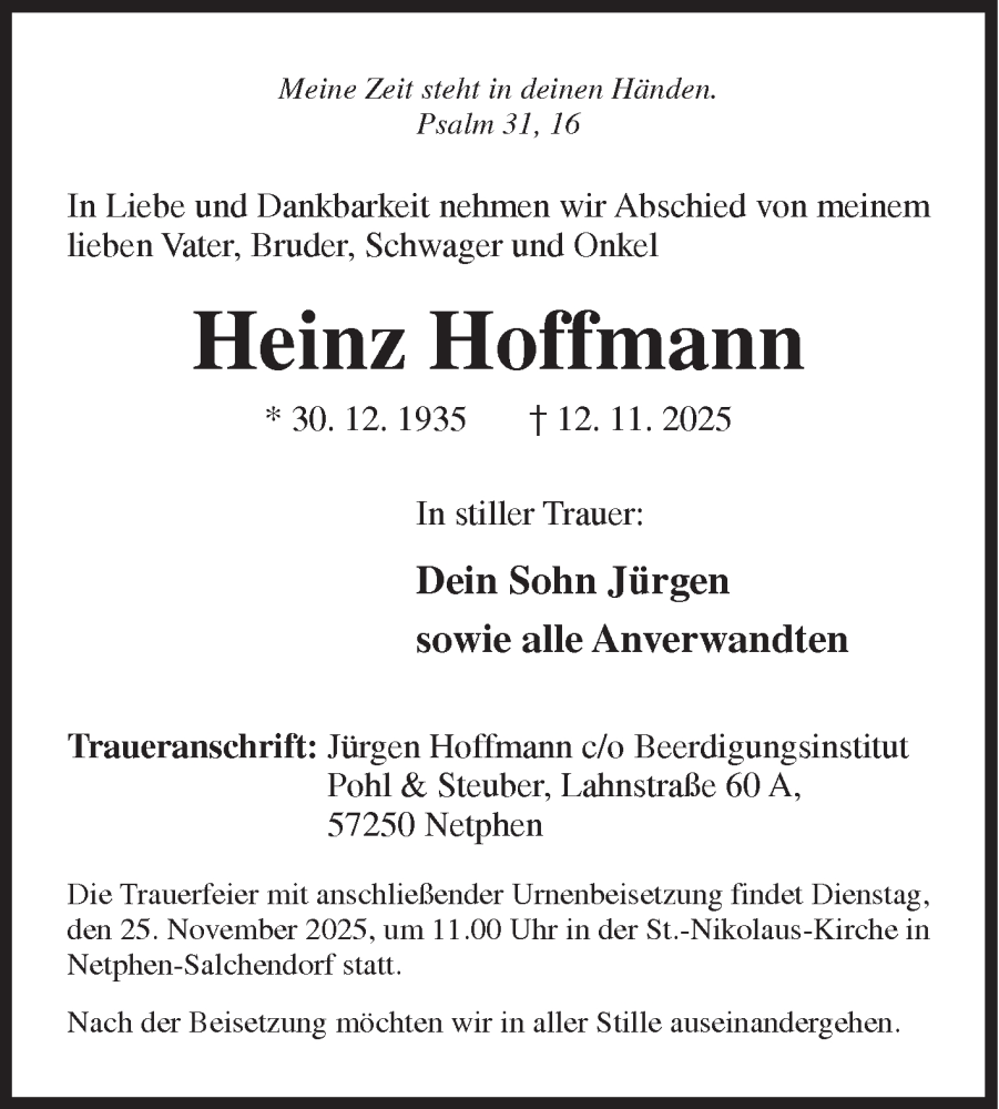  Traueranzeige für Heinz Hoffmann vom 15.11.2025 aus Siegener Zeitung