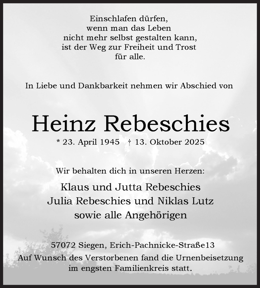  Traueranzeige für Heinz Rebeschies vom 07.11.2025 aus Siegener Zeitung