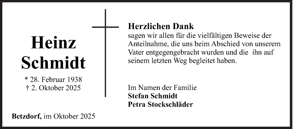  Traueranzeige für Heinz Schmidt vom 31.10.2025 aus Siegener Zeitung