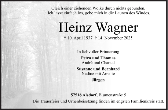 Traueranzeige von Heinz Wagner von Siegener Zeitung