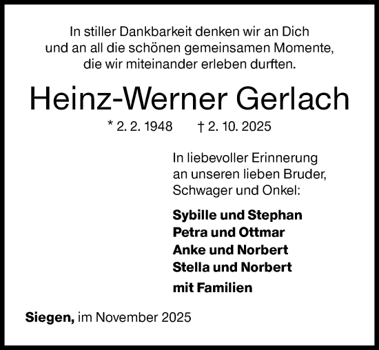Traueranzeige von Heinz-Werner Gerlach von Siegener Zeitung
