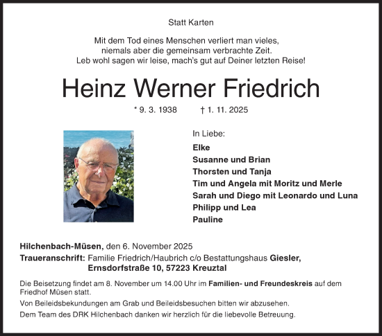 Traueranzeige von Heinz Werner Friedrich von Siegener Zeitung