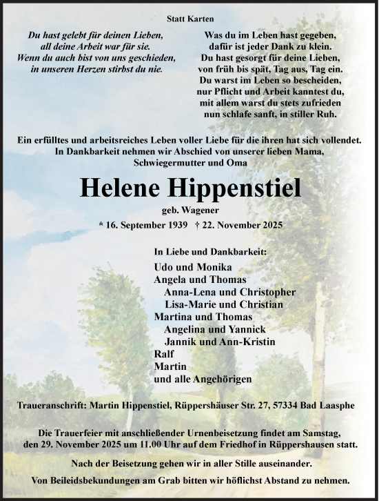 Traueranzeige von Helene Hippenstiel von Siegener Zeitung