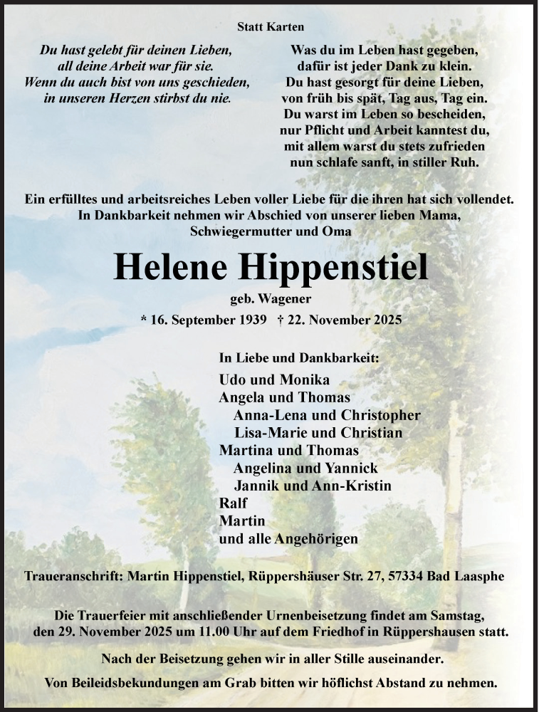  Traueranzeige für Helene Hippenstiel vom 26.11.2025 aus Siegener Zeitung