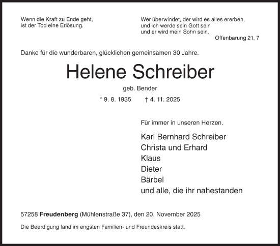 Traueranzeige von Helene Schreiber von Siegener Zeitung