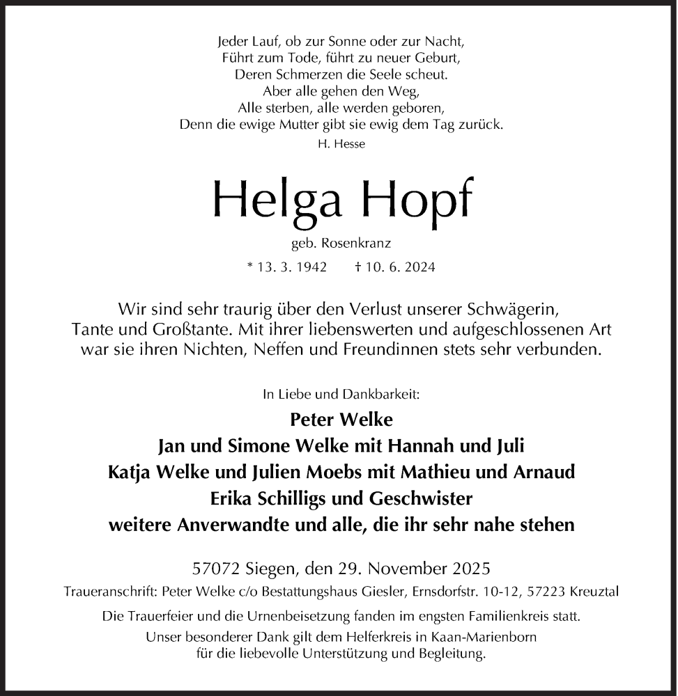  Traueranzeige für Helga Hopf vom 29.11.2025 aus Siegener Zeitung