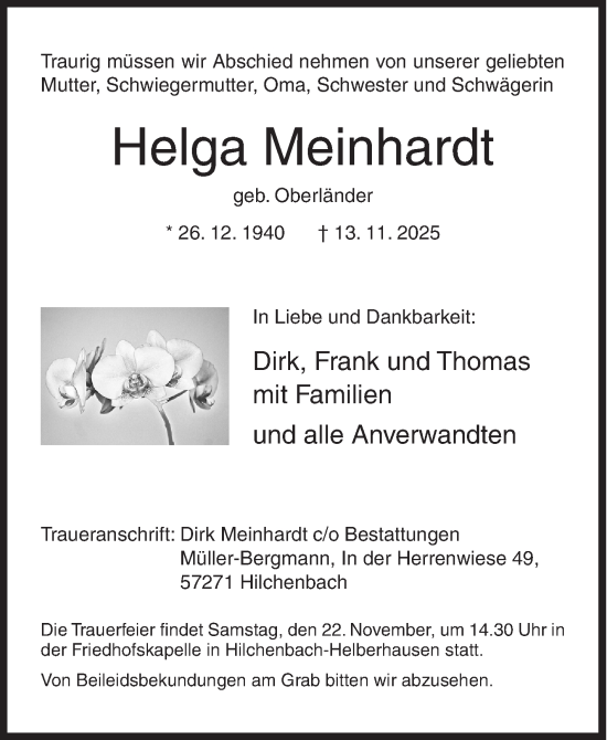 Traueranzeige von Helga Meinhardt von Siegener Zeitung