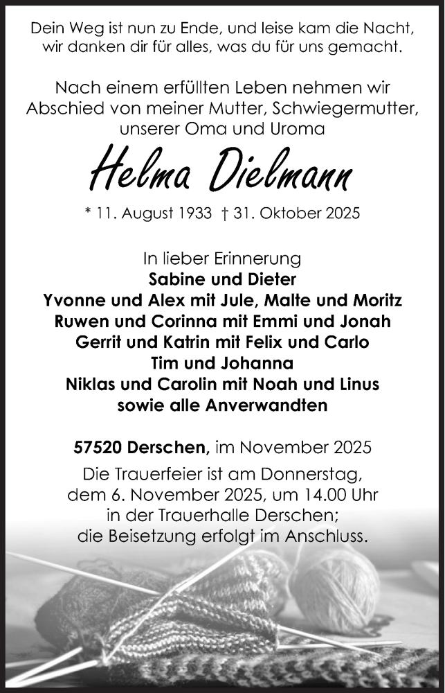  Traueranzeige für Helma Dielmann vom 04.11.2025 aus Siegener Zeitung