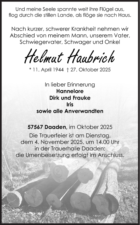 Traueranzeige von Helmut Haubrich von Siegener Zeitung