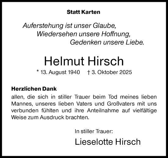 Traueranzeige von Helmut Hirsch von Siegener Zeitung