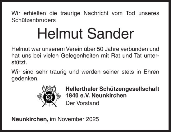 Traueranzeige von Helmut Sander von Siegener Zeitung