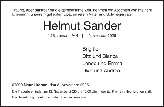 Traueranzeige von Helmut Sander von Siegener Zeitung