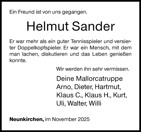 Traueranzeige von Helmut Sander von Siegener Zeitung