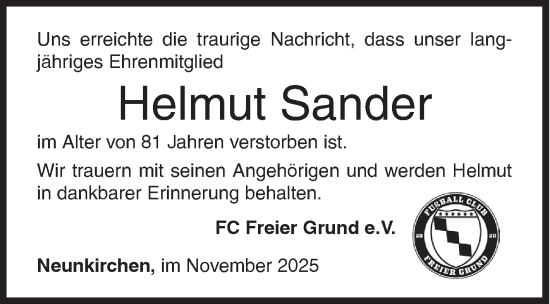 Traueranzeige von Helmut Sander von Siegener Zeitung